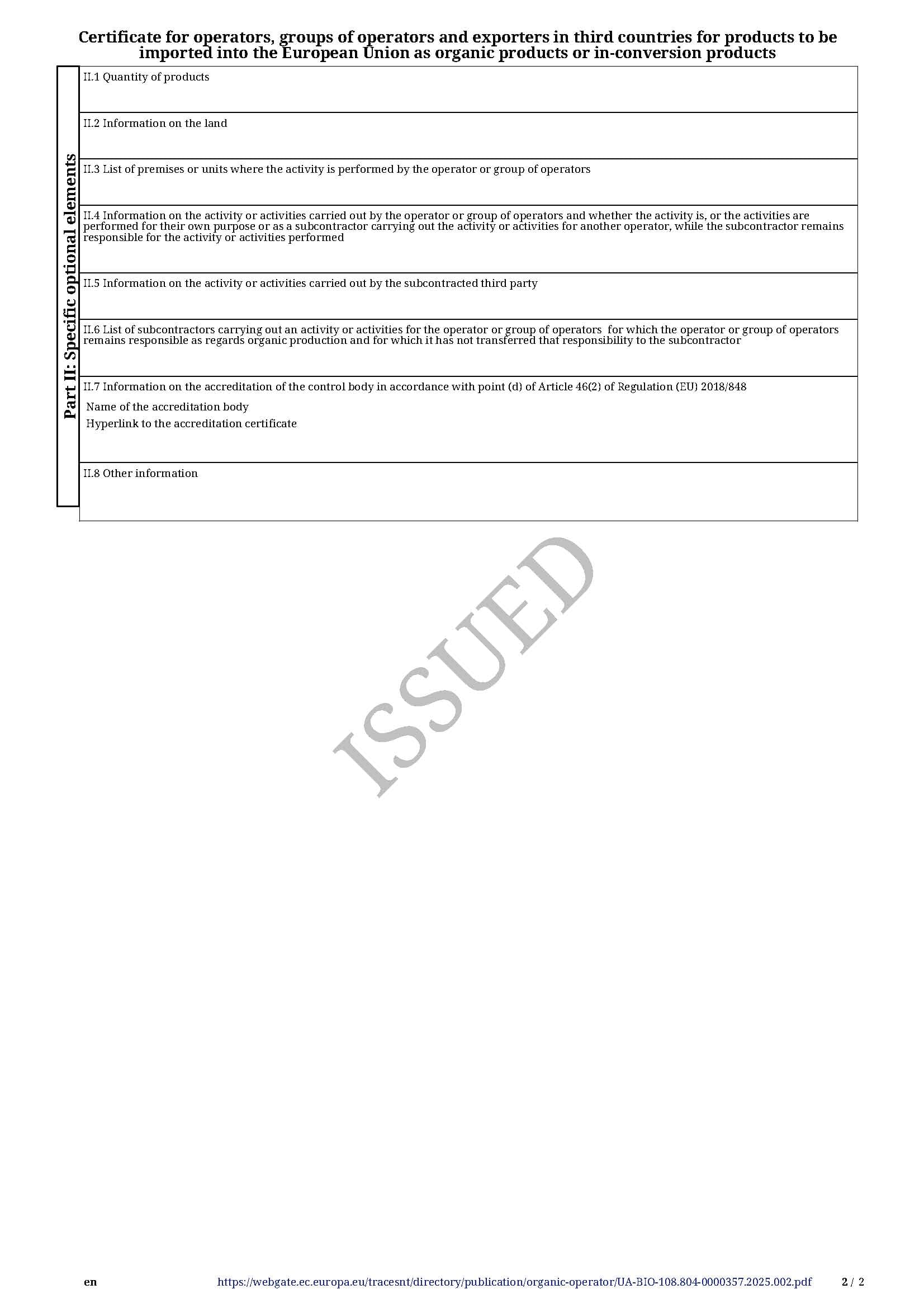 Organic Standard certificate second page